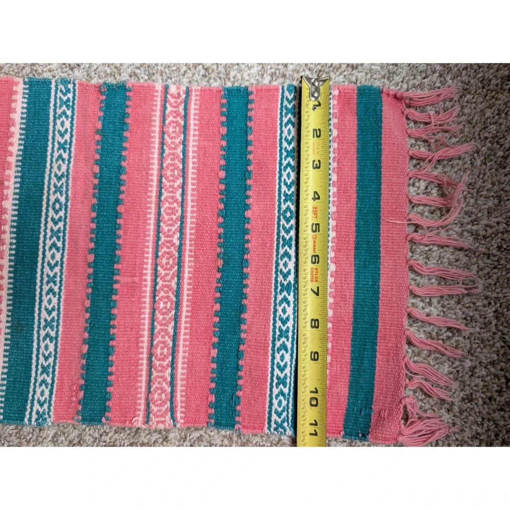 Vintage Woven Wool Table Runner Pink Teal Geometric Southwestern Fringe 70x10.5